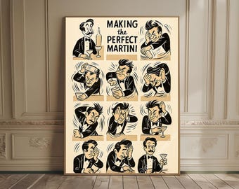 Guy Buffet The Making Of Perfect Martini Poster, Vintage Poster Wall Art Decor, Bar Cart Wall Art, Retro Comic Bar Decor