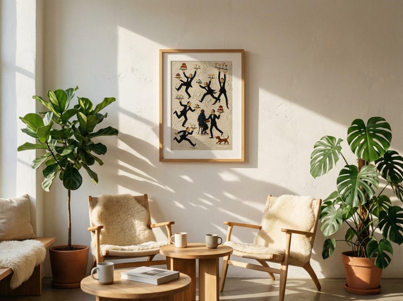 May include: A framed rectangular wall art print featuring a whimsical illustration of multiple waiters in black suits carrying trays of food and drinks around a seated couple, with a small brown dog nearby, all set against a light beige background.