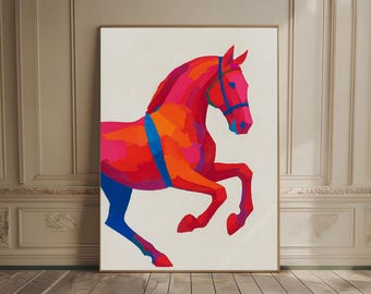 Arte abstracto de pared con caballos. Decoración moderna ecuestre para el hogar. Estampado colorido de caballos. Arte de pared con contraste western. Decoración estética para la pared.