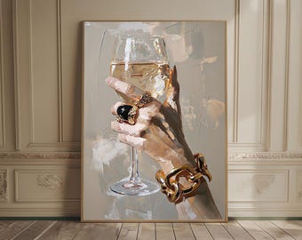 Chique poster met witte wijnglas – neutraal impressionistisch schilderij, glamourmuurkunst met cocktail, modebardecor moderne wijnprint