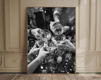 Cheers Print Black and White Celebration Wall Art Dirty Martini Champagne Cocktail Bar Cart Art Poster Luxury Barcart Art Party Girl Gift