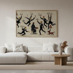 May include: A rectangular wall art print in a light wood frame featuring a stylized illustration of multiple waiters in black suits balancing trays of drinks and food around a seated figure at a small table, with a small brown dog nearby.