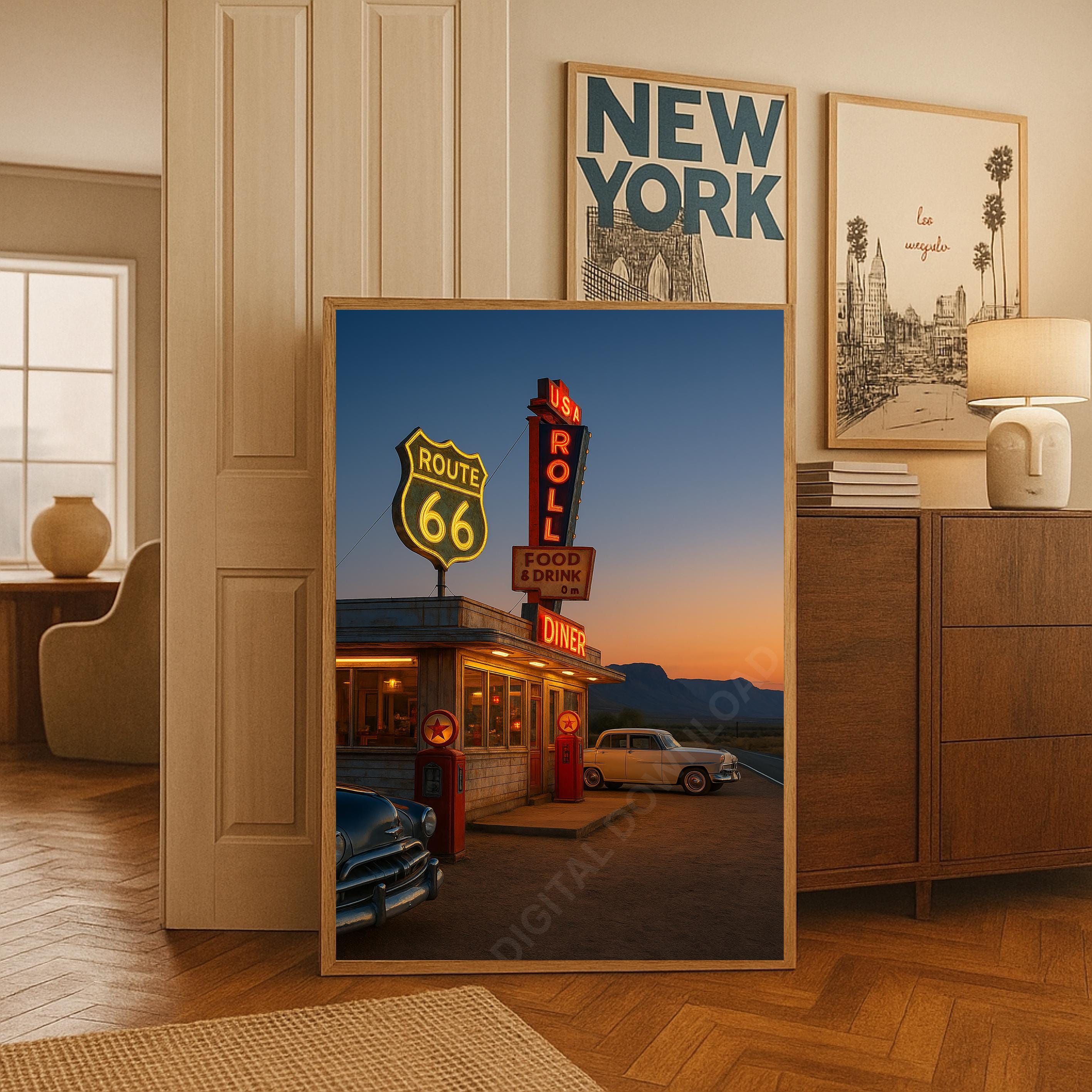Retro Diner Print Arizona Desert Wall Art Route 66 Poster 80s