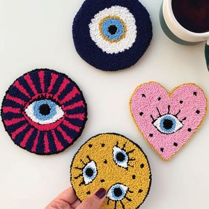 Handmade Punch Needle Evil Eye Coaster, Evil Eye Decor, Handmade Gift Punch Needle, Evil Eye Talisman, Handmade Mug Rug, Tufted Coaster