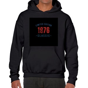 May include: Black hooded sweatshirt with a white square graphic that says "Limited Edition 1976 -Classic-" in red and blue lettering.