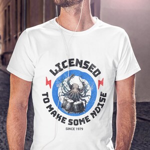 Octopus Drummer T-Shirt &#39;Licensed to Make Some Noise&#39;, Cool Gift for Drum Enthusiast, Percussionist, Festival Outfit, Vintage Rock Style T