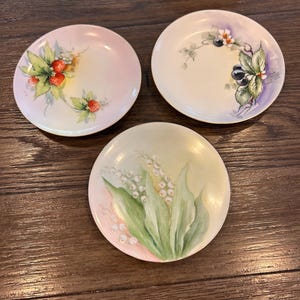 May include: Three small, round, hand-painted decorative plates. One plate features strawberries and green leaves, another has berries and flowers, and the third displays lily of the valley. The plates have a pink and yellow gradient.