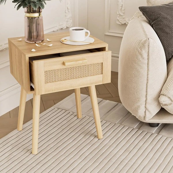 Bedroom Nightstands, Wooden Night Stands with Rattan Weaving Drawer, Home Bedside End Table for Storage,