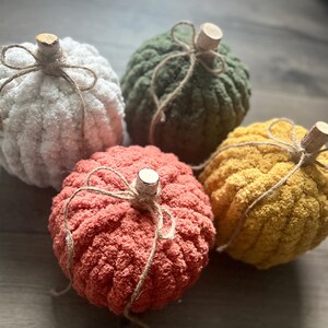 May include: Four handmade plush pumpkins in white, green, coral, and yellow. Each pumpkin has a wooden stem and is tied with twine. The pumpkins are arranged on a wooden surface, perfect for fall decor.