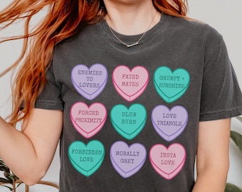 Romance Book Tropes Shirt, Custom Bookish Smut Reader Gift for Her, Candy Heart Reading T-Shirt Women Comfort Colors Vintage Tee Bookstagram