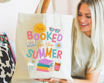 Gebucht für den Sommer Einkaufstasche, Bücherwurm Leseliebhaber Geschenk, wiederverwendbare Canvas Tragetasche Bibliothek Buch Tasche Bunte Strand Lesen Ozean Vibes