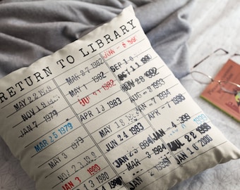 Return to Library Throw Pillow, Vintage Library Card Book Due Date Decor, Bookish Gift for Her Him Reader Author Librarian English Teacher