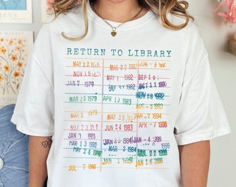 Rainbow Library Stamp Shirt, Return to Library Due Date Book Lover TShirt, Bookish Gift for Her Reader Librarian Teacher 90s Pride Retro Tee