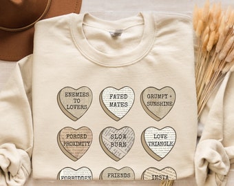 Custom Book Tropes Valentine Sweatshirt, Candy Heart Bookish Valentine’s Day Gift, Dark Romance Smut Reader Shirt, Womens Galentine Crewneck