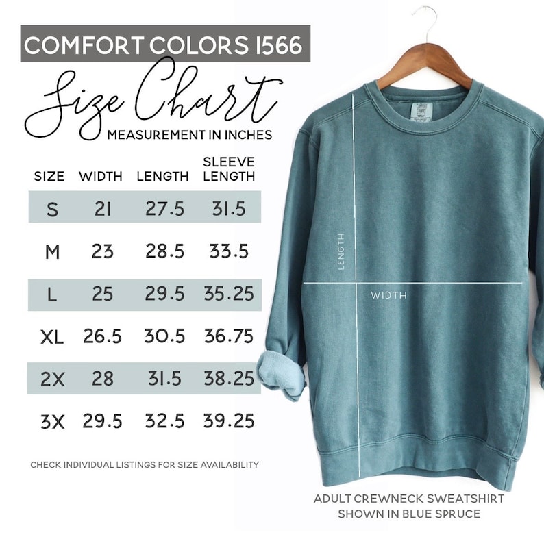 May include: Size chart for a blue spruce adult crewneck sweatshirt. The chart shows measurements in inches for width, length, and sleeve length for sizes S, M, L, XL, 2X, and 3X.