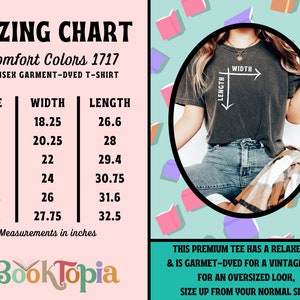 May include: Sizing chart for a unisex garment-dyed t-shirt. The chart shows the width and length measurements in inches for sizes S, M, L, XL, 2XL, and 3XL. The text "Comfort Colors 1717" is at the top of the chart. The text "Booktopia" is at the bottom of the chart.