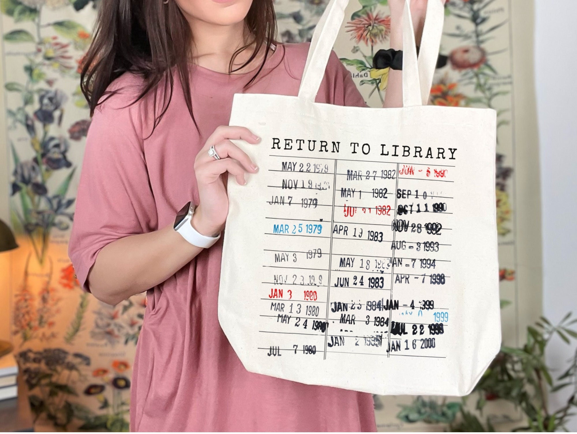 Return to Library Book Tote Bag, Vintage Library Card Due Date Stamp, 90s Bookish Gift for Her Him Reader Author Librarian English Teacher