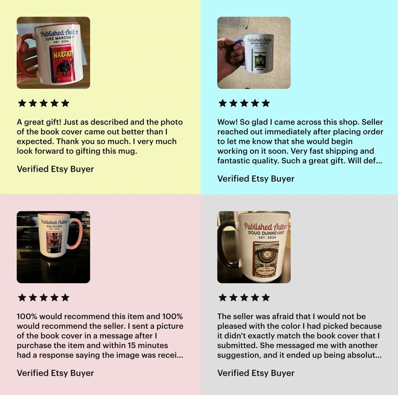 May include: White ceramic mugs with various designs and text, including "Published Author" and book cover art. Each mug has a different handle color, such as red, blue, pink, and black. The mugs are shown with customer reviews.