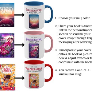 May include: Three white mugs with different colored rims, blue, pink, and red. Each mug features a book cover with the title and author's name. The text on the mug reads "EST. 2023 PUBLISHED AUTHOR".
