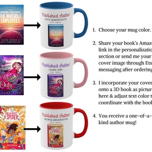 May include: White ceramic mugs with colored handles and interiors, each featuring a book cover design. The mugs display book titles like "The Invisible Employees" and "The Girl Who Built a Spider." Text on the mugs reads "Published Author."