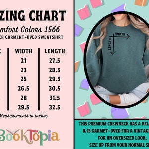 May include: Sizing chart for a unisex garment-dyed sweatshirt in Comfort Colors 1566. The chart shows the width and length measurements in inches for sizes S, M, L, XL, 2XL, and 3XL. The text "This premium crewneck has a relaxed fit & is garment-dyed for a vintage feel. For an oversized look, size up from your normal size." is also included.