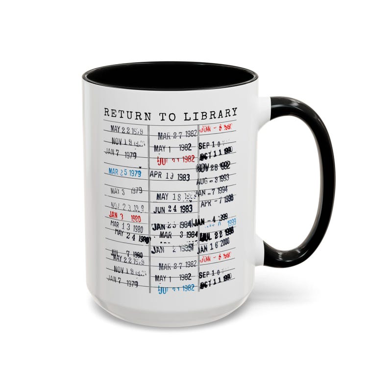 Taza "Regresar a la biblioteca", regalo vintage con fecha de entrega de libros para amantes de la lectura, taza de café con temática de libros, sello de bibliotecario, años 90, artículos nostálgicos de libros. imagen 5