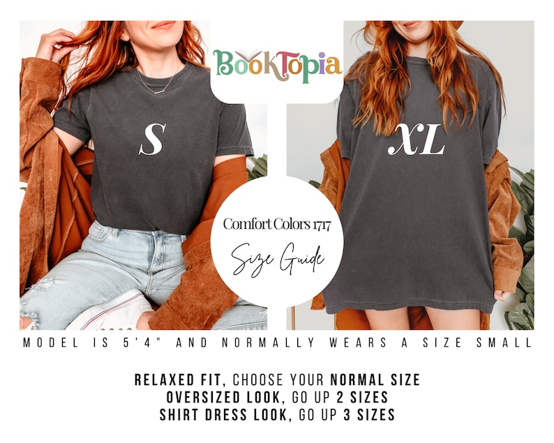 May include: Two women modelling a black t-shirt in sizes S and XL. The t-shirt is a relaxed fit and can be worn oversized or as a shirt dress. The model wearing the size S is 5'4" tall and normally wears a size small. Comfort Colors 1717 Size Guide.