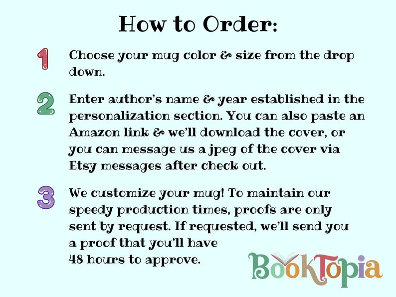 May include: Image with instructions on how to order a custom mug. The text includes steps to choose a mug color and size, enter personalization details, and how to send a cover image. The Booktopia logo is at the bottom.
