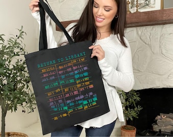 Rainbow Library Tote Bag, Vintage Library Card Due Date Stamp, Return to Library Book Lover Gift for Reader Author Librarian English Teacher
