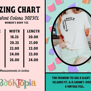 May include: Sizing chart for a women's boxy tee shirt in Comfort Colors 3023CL. The chart shows the width and length measurements in inches for sizes S, M, L, XL, and 2XL.