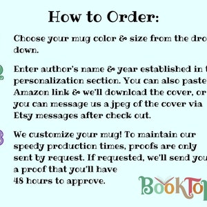 May include: How to Order: Choose your mug color and size from the drop down. Enter the author's name and year established in the personalization section. You can also paste an Amazon link and we'll download the cover, or you can message us a jpeg of the cover via Etsy messages after check out. We customize your mug! To maintain our speedy production times, proofs are only sent by request. If requested, we'll send you a proof that you'll have 48 hours to approve. Booktopia