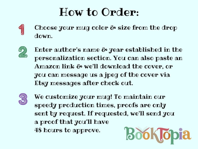 May include: How to Order: Choose your mug color and size from the drop down. Enter the author's name and year established in the personalization section. You can also paste an Amazon link and we'll download the cover, or you can message us a jpeg of the cover via Etsy messages after check out. We customize your mug! To maintain our speedy production times, proofs are only sent by request. If requested, we'll send you a proof that you'll have 48 hours to approve. Booktopia