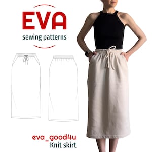 May include: A black halter top and a beige knit skirt with a drawstring waist. The image also features a sewing pattern for a knit skirt, with the text "EVA sewing patterns" and "eva_good4u Knit skirt" in red and green.
