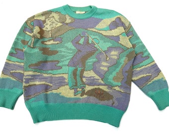 Pull vintage des années 80 en laine Adidas Golf Knit All-Over Allemagne de l'Ouest taille 12