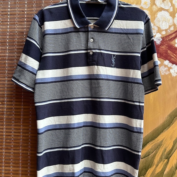 Vintage YSL Pour Homme Yves Saint Laurent Chest Logo Short Sleeve Striped Polo Shirt Size XL