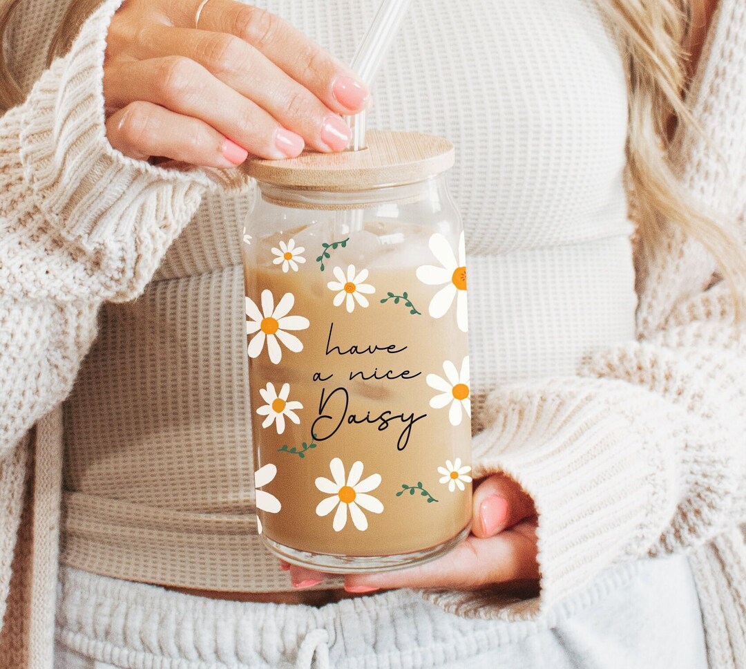 Custom Daisy Glass Cup With Bamboo Lid & Straw - Reusable Floral ...