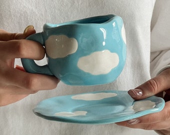 Handmade unique blue sky clouds mug set,  Pottery mug  with saucer, Large tea and coffee cup, Kawaii home decor, Gift for her birthday