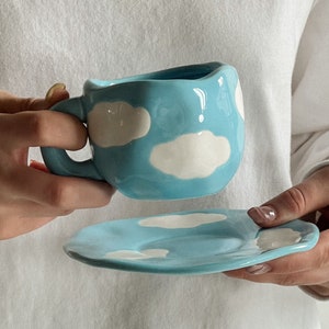 Handmade unique blue sky clouds mug set,  Pottery mug  with saucer, Large tea and coffee cup, Kawaii home decor, Gift for her birthday