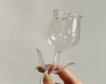 Irregular cool cocktail glass, Unique rose flower wine glass, Aesthetic clear wine glass for her birthday gift, Designer decor gift