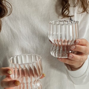 Unique coffee glass mug, Iced coffee irregular glass tumbler, Aesthetic clear glass cup for her birthday gift, Cute minimalist glass