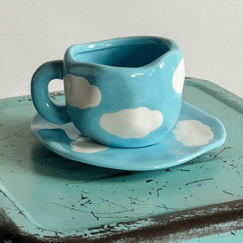 Handmade unique blue sky clouds mug set, Pottery mug with saucer, Large tea and coffee cup, Kawaii home decor, Gift for her birthday image 2
