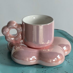 Handgemachte puffy Design Tassen Set, süße Keramik Tasse mit Blumen Untertasse, Kreative Tee- und Kaffeetasse, Kawaii Wohnkultur, Geschenk für ihren Geburtstag