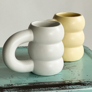 Handmade unique curvy design coffee mug, Cool creative pottery tea cup , Retro bookshelf decor, Kawaii home decor, Gift for her birthday,
