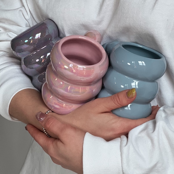 Unique pearl shell curvy coffee mugs, Cool creative pottery tea cup , Retro bookshelf decor, Kawaii home decor, Gift for her birthday,