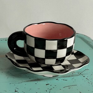 Unique chess mug set with saucer,  Creative pottery mug, Large tea and coffee cup, Cute retro home decor, Gift for her birthday