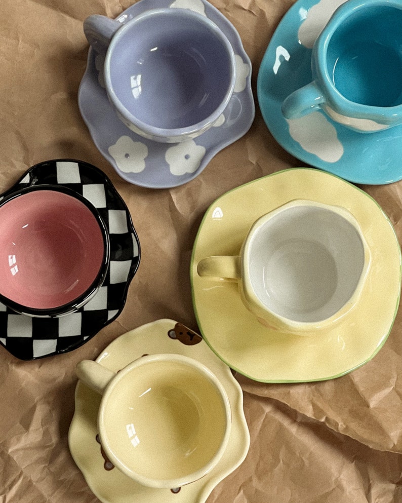 Handmade unique blue sky clouds mug set, Pottery mug with saucer, Large tea and coffee cup, Kawaii home decor, Gift for her birthday image 4