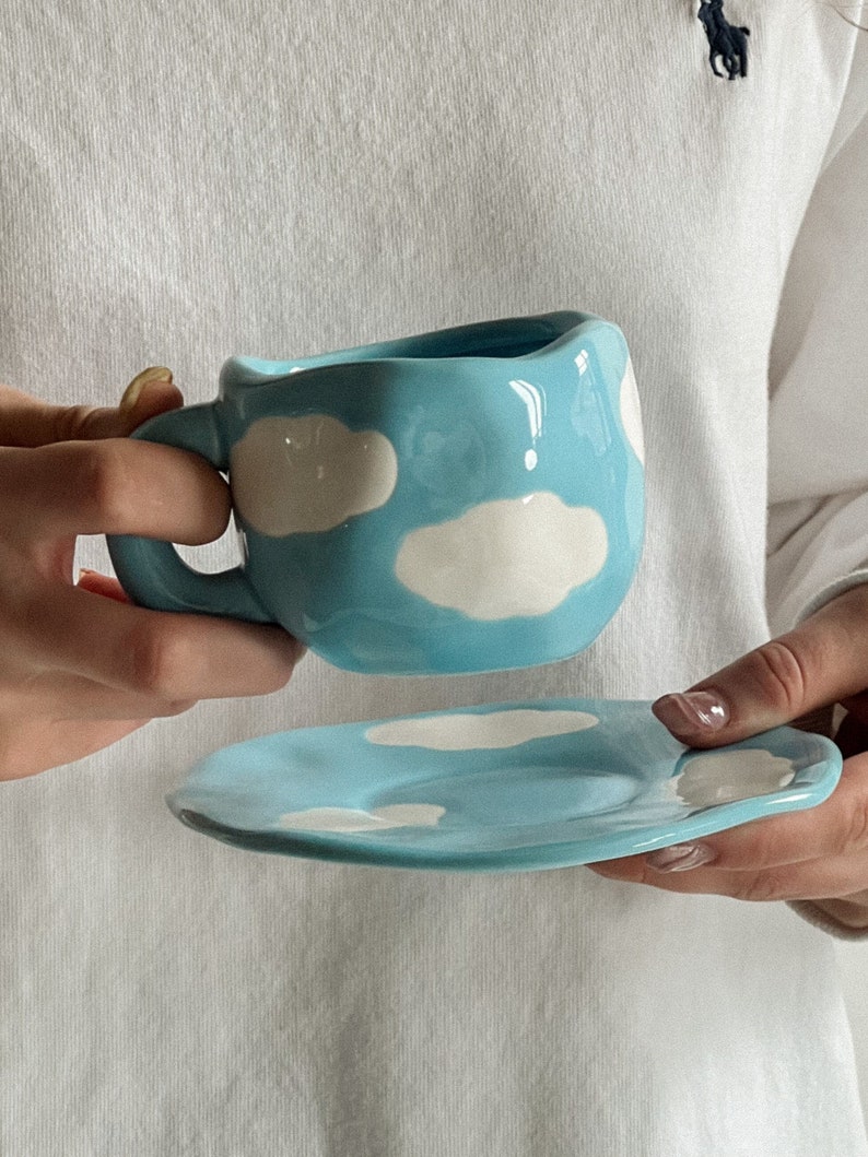 Handmade unique blue sky clouds mug set, Pottery mug with saucer, Large tea and coffee cup, Kawaii home decor, Gift for her birthday image 1