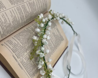 Corona di fiori del mughetto, matrimonio con ghirlanda di testa di fiore bianco, corona di fiori delicata, fascia nuziale nel bosco, corona di fiori per ragazze