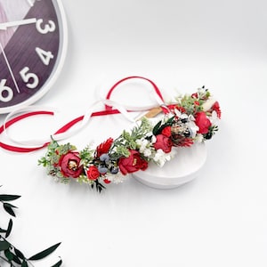 Red and white flower crown with berries and greenery – Ukrainian style head wreath for bride, photoshoot or celebration