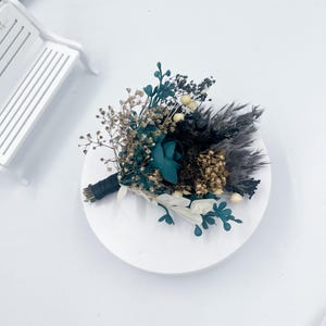 Dark Teal Dried Flower Boutonniere: Rustic Boho Groom Lapel Pin